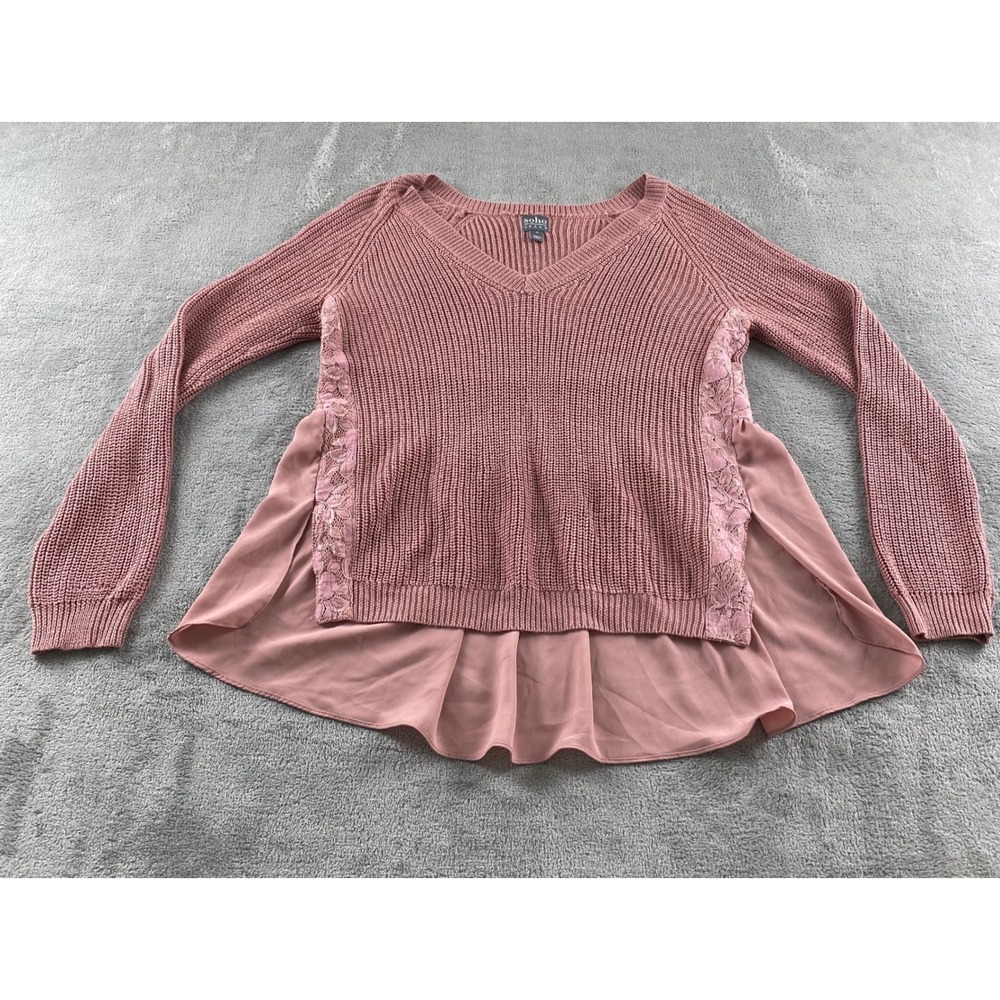 Soho Jeans‎ Womens Mauve Pink Ribbed  Lace Chiffon Mixed Media Peplum Sweater M